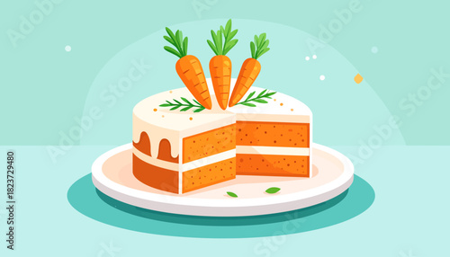 Illustration of a carrot cake with cream cheese frosting and carrot decorations.