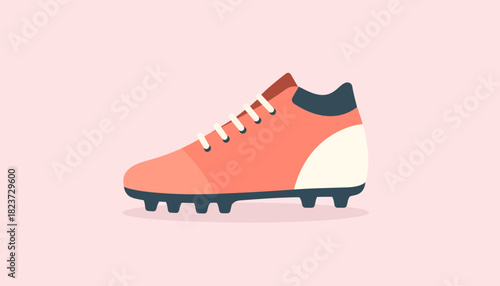Illustration of a salmon-colored soccer cleat with white laces and a dark blue heel.