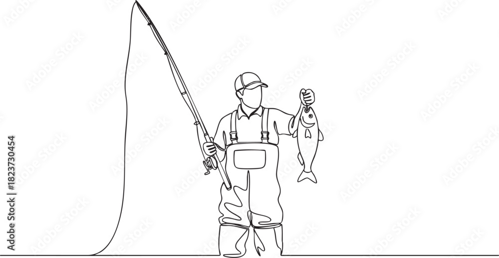 Obraz premium Continuous single line drawing of a fisherman holding a caught fish with a spinning rod, minimalist outdoor fishing scene in clean outline vector illustration