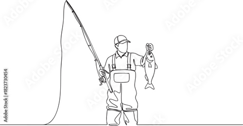 Continuous single line drawing of a fisherman holding a caught fish with a spinning rod, minimalist outdoor fishing scene in clean outline vector illustration