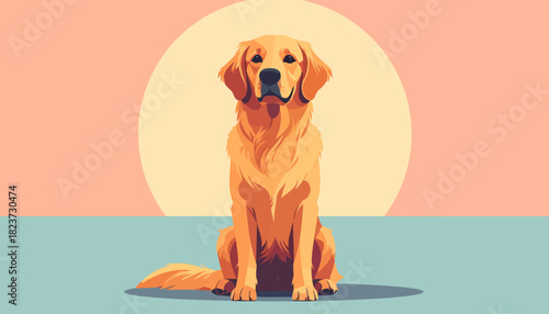 Golden Retriever dog sitting in front of a light background.