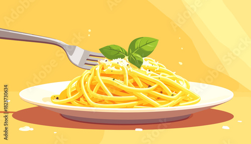 Illustration of spaghetti with basil and parmesan on a plate.