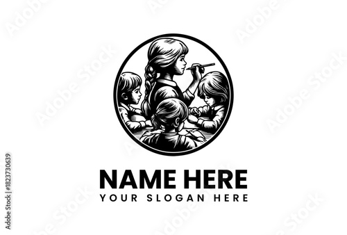 Creative vector logo illustration of children playing and learning, a symbol of childhood imagination and growth