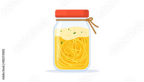 Jar of spaghetti with red lid and string tie, on white background.