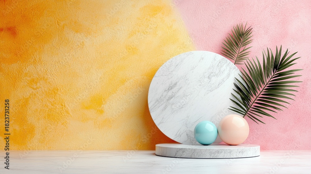 Obraz premium A minimalist abstract composition featuring a marble pedestal, a large circular marble backdrop, two spheres (one blue, one peach), and two palm leaves, set aga