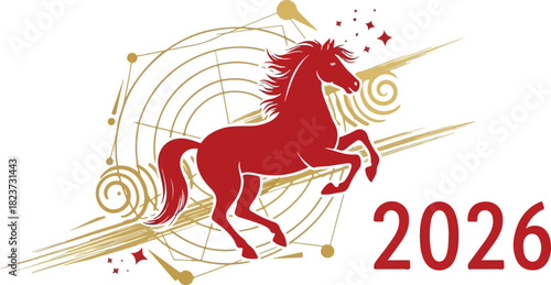 A red horse leaping next to the year 2026 with gold abstract designs in the background