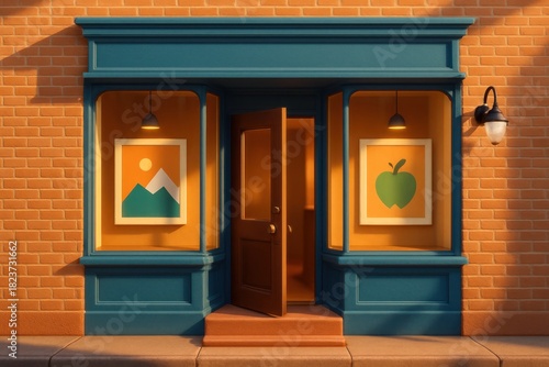 Fototapeta Naklejka Na Ścianę i Meble -  Exterior view of a small shop with open door and framed artwork