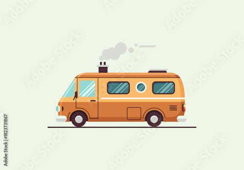 Illustrated Orange Camper Van with Chimney and Smoke.