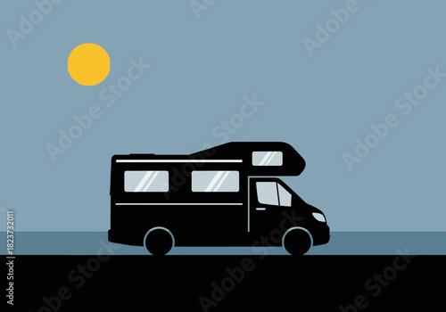 Black RV Camper Van with Over-Cab Bunk and Yellow Sun.