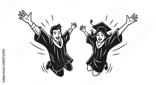 Two happy graduates in gowns jumping with joy