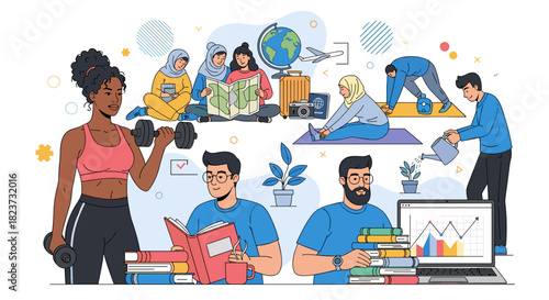 Diverse people engaging in various activities and hobbies 
