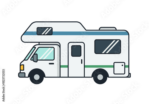 Illustrated White RV with Blue and Green Accents for Travel.