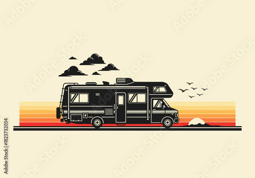 Retro RV Illustration with Sunset and Birds.