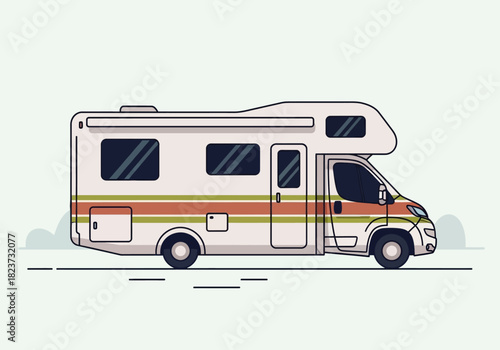 Illustrated White RV with Green and Orange Stripes.
