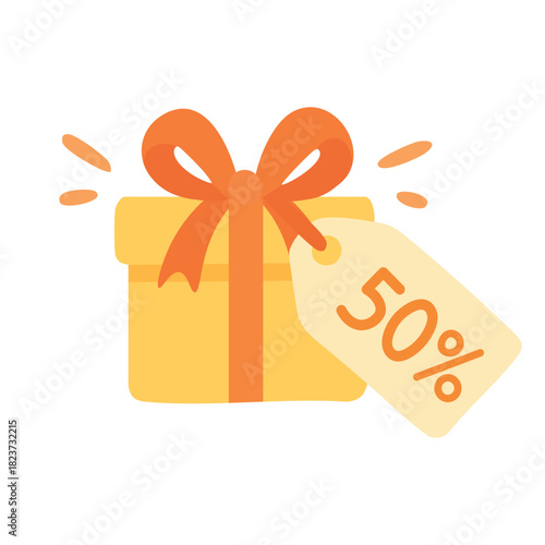 Gift box with fifty percent tag in warm flat style for sale promotions and offers.