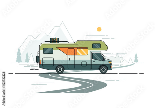Illustrated RV on a Winding Road with Mountain Backdrop.