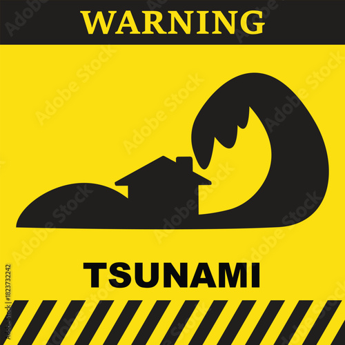 Tsunami warning symbol with silhouettes of a house and a huge wave on yellow background