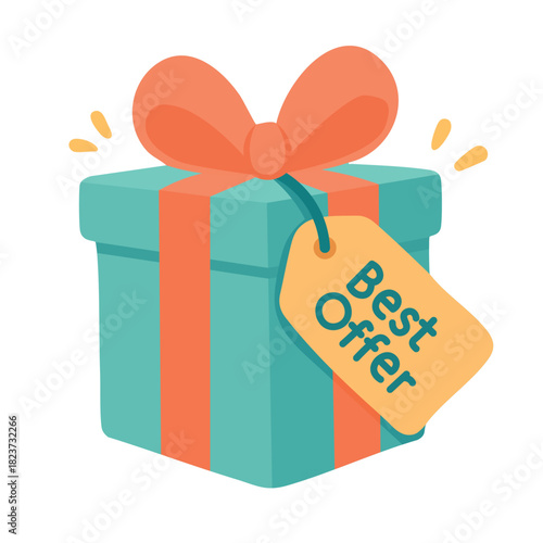 Colorful gift box with best offer tag in soft flat style for sales and promotions.