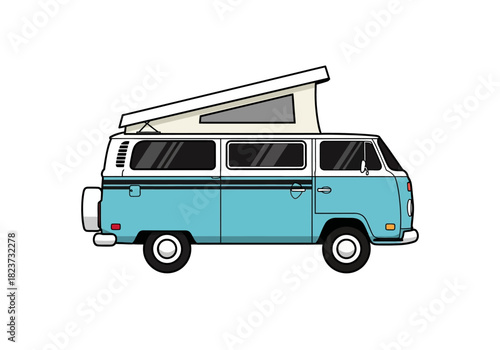 Illustrated Blue and White Camper Van with Pop-Up Roof.