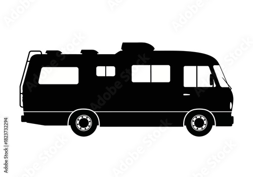 Black Silhouette of a Classic Recreational Vehicle with Ladder.