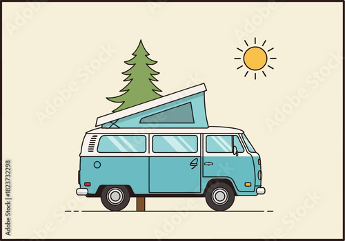 Illustrated Blue Campervan with Pop-Top and Tree Sunny Day.