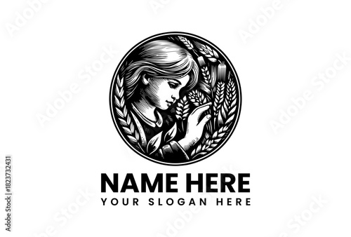 Elegant goddess of harvest or nature vector logo illustration featuring a beautiful woman with wheat in a classic vintage style design