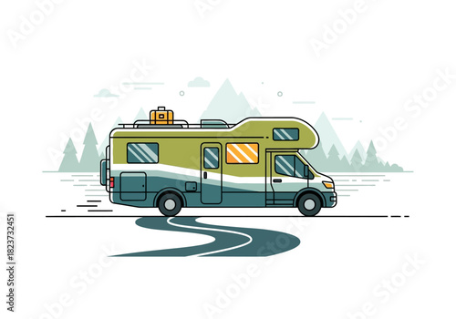 Illustrated Recreational Vehicle on a Road Trip with Mountain Backdrop.