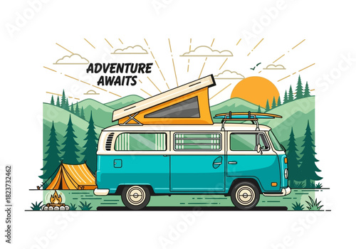 Illustrated Blue and White Camper Van with Pop-Up Tent and Surfboard.