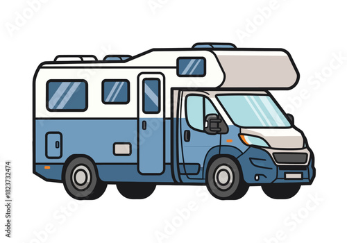 Cartoon Illustration of a Blue and White Recreational Vehicle.