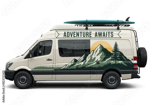 Adventure Van with Mountain Graphics and Surfboard on Top.