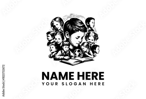 Vintage drawing of a group of children reading and learning from a book, education vector logo illustration 10.eps