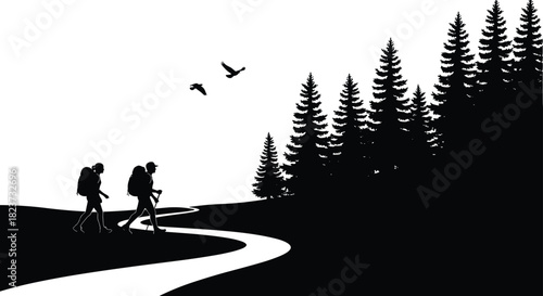 Hikers Trekking Winding Trail in Forest Silhouette, Nature Adventure Black and White Vector Illustration with Pine Trees and Birds