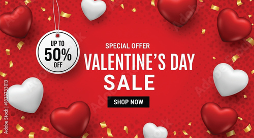 A vibrant Valentine's Day sale banner on a red background. Features a '50% OFF' tag, 'SHOP NOW' button, 3D red and white hearts, and golden confetti. Perfect for promotions.