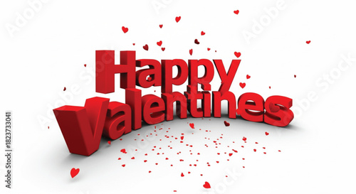 A vibrant 3D rendering of "Happy Valentines" in bold red letters, surrounded by a shower of small, delicate red hearts, creating a festive and romantic atmosphere. This dynamic composition celebrates 