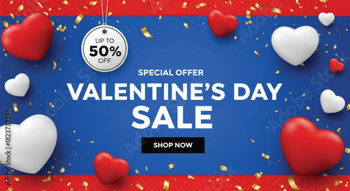 A Valentine's Day sale banner on a blue background with red and white hearts and gold confetti. It announces "VALENTINE'S DAY SALE" and "UP TO 50% OFF". Promotes discounts for the holiday.