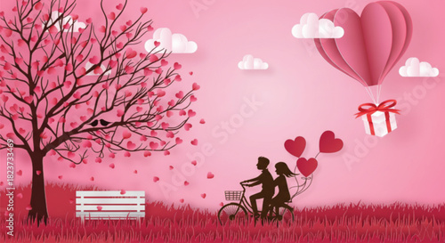 A romantic paper art illustration of a couple on a bicycle, surrounded by heart balloons and a tree with falling heart leaves. This whimsical pink scene captures love and affection.