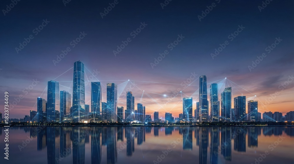 Fototapeta premium Futuristic city skyline with modern skyscrapers reflection in water at night, urban architecture background, metropolis business center panorama