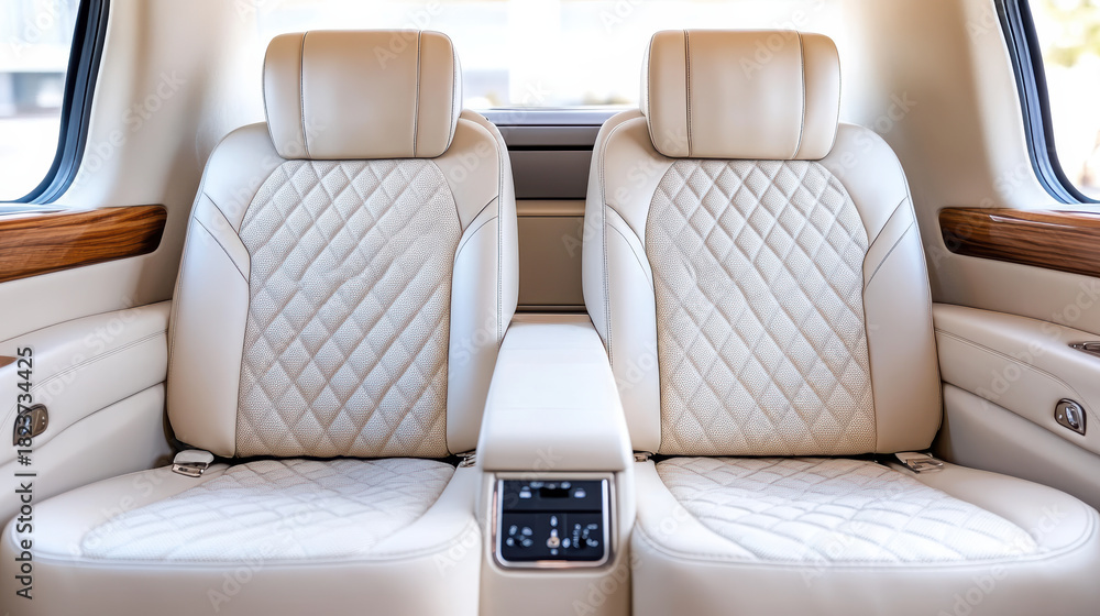 Obraz premium Cream leather rear seats with quilted stitching and center console control panel