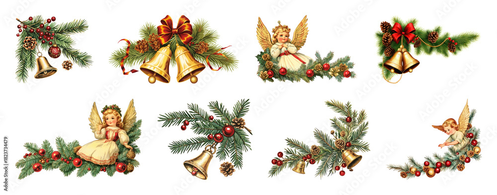 Fototapeta premium PNG Vintage Christmas angel decorations, element set on transparent background