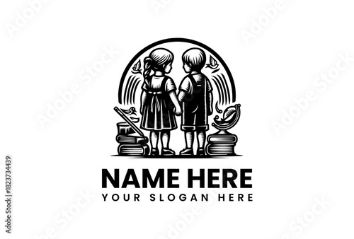 Vintage children's education symbol with a boy and girl holding hands, a school learning vector logo illustration