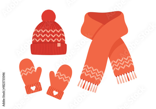 Set of orange knitted winter hat, scarf, and mitten
