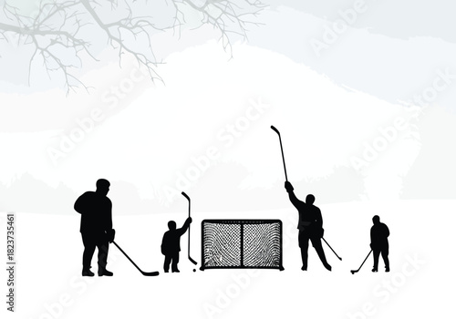Silhouette of people playing ice hockey on snow