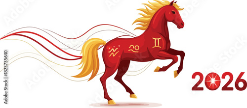 A red horse rearing near the year 2026 with golden mane  astrology symbols against a white backdrop