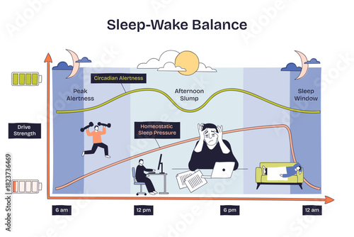 Sleep-wake balance overview maps circadian alertness and homeostatic sleep pressure across the day, key elements, alertness curve, sleep window, battery drive icons. Doodle style diagram