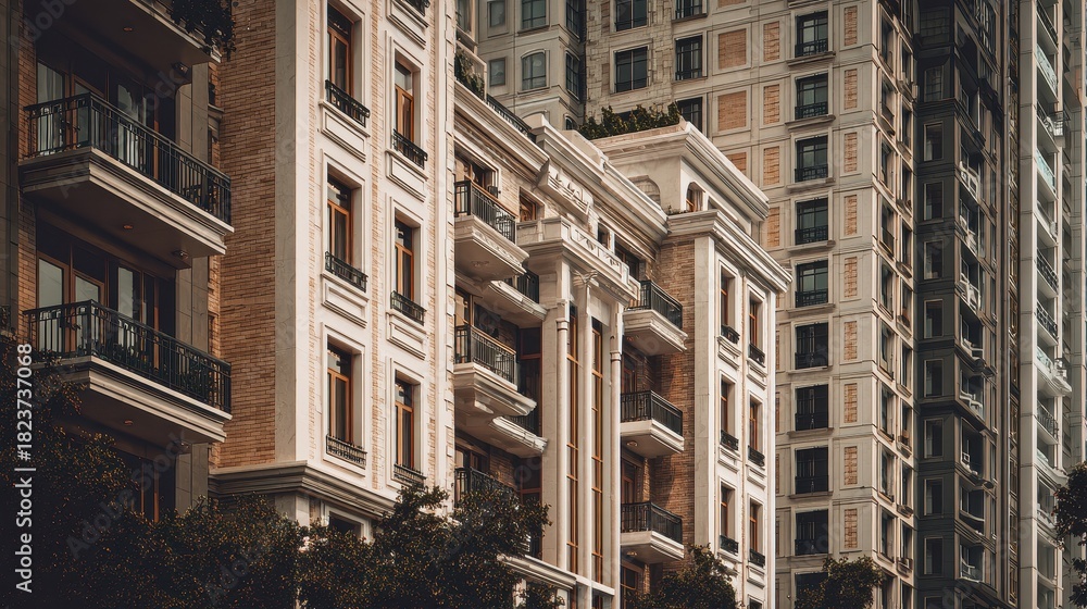 Fototapeta premium Modern residential buildings with balconies and varied architectural styles in urban setting.