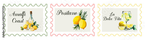Italian poster collection of lemons with watercolor, Amalfi coast motifs, glasses of limoncello and Mediterranean citrus branches. Perfect for summer branding and vintage labels.