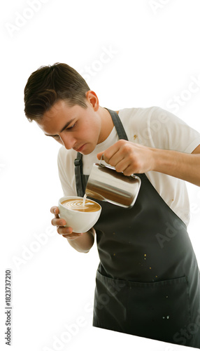A young male barista laser focused pouring complex latte art