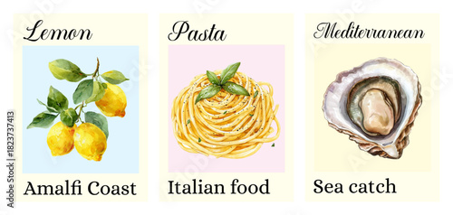 Vibrant lemon and seafood poster showcasing Italy's Amalfi coast with clams, basil, and Mediterranean flavors in elegant watercolor pattern style for home décor.