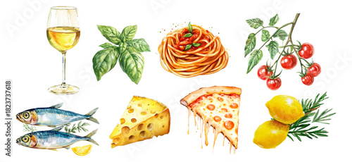 Watercolor Mediterranean set with lemon slices, pizza, pasta, fresh fish, and cheese. Italian cuisine watercolor collection perfect for summer food designs and coastal themes.