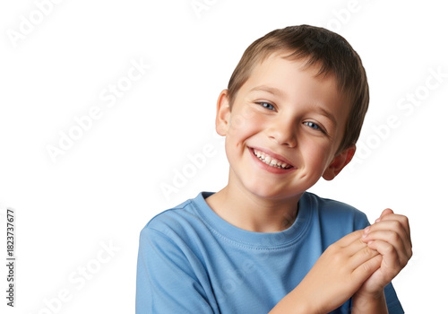 A smiling young boy with short brown hair and blue eyes wearing a light blue shirt, blue, boy, child, hand, laugh, portrait, shirt, smile 